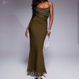 ASOS Design Olive Green / Khaki Beaded Cowl Neck Evening Dress